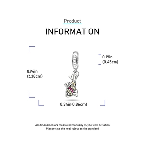 Detailed dimensions of silver fish pendant with yellow and pink crystals on white background