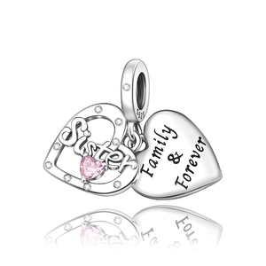 Pendentif cœur en argent 925 avec pierre rose et gravure Sister Family Forever