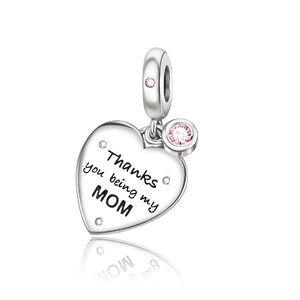 Pendentif cœur en argent avec pierres roses et gravure Thanks you being my MOM