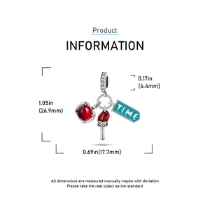 Detailed view of silver charm with red torch, blue TIME tag and gemstone measurements