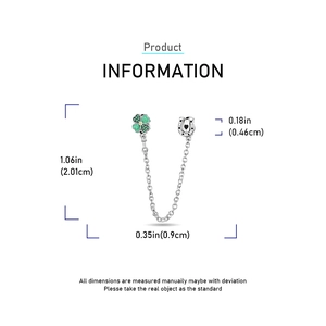 Detailed size specifications for silver lucky clover and horseshoe jewelry safety chain