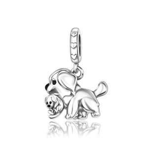 Polished silver puppy with mother dog charm featuring heart patterned hanging loop