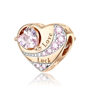Rose gold heart charm with pink crystals engraved with Love and Luck for DIY bracelets