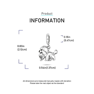 Detailed view of silver dog charm with heart pendant and precise size measurements