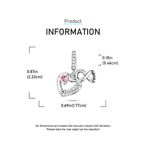 Pendentif cœur infini en argent avec zircon rose et gravure Family pour bracelets