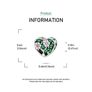 Detailed dimension view of heart-shaped silver tree charm with multicolored gemstones