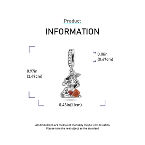 Detail showing dimensions of silver graduation charm with clear cubic zirconia stones