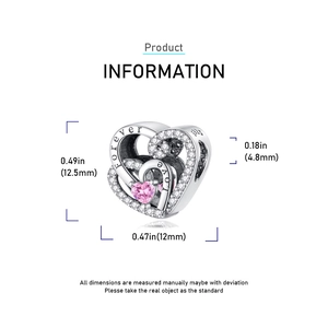 Detailed macro view of S925 sterling silver heart charm with pink zircon and Forever Love engraving