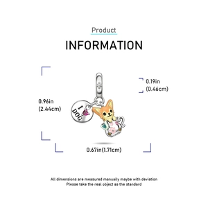 Detailed view of enamel Corgi dog charm with 'I LOVE DOG' engraved pendant size measurements