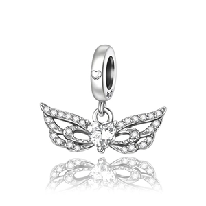 S925 sterling silver angel wing pendant with sparkling heart-shaped zircon gemstone