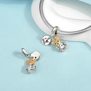 Detail of S925 silver corgi in a teacup charm with I love dog engraved heart tag