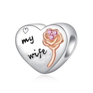 Silver heart charm with rose gold flower and 'my wife' engraving for DIY bracelets