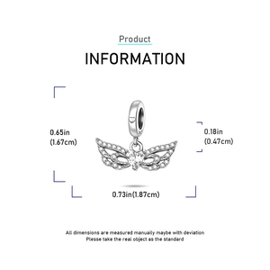 Detailed view of S925 sterling silver wing charm with heart zircon and size measurements