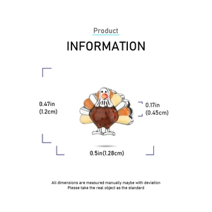 Detailed size chart of a 3D colorful enamel turkey charm pendant for DIY jewelry