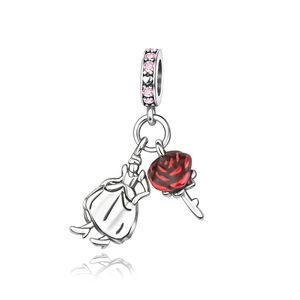 Silver pendant charm with pink zircon ring, yellow dress, and red enamel rose motifs