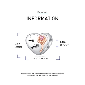 Detailed dimensions of silver heart bead with my wife engraving and rose detail