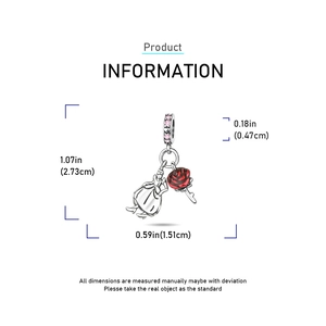 Detailed size specifications for silver princess and rose pendant charm for bracelets