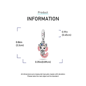 Detailed dimension guide for the pink enamel axolotl charm showing its size and scale