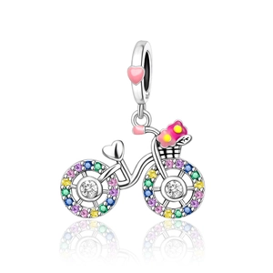 Detailed macro view of S925 silver bicycle charm with colorful zircon wheels and enamel heart