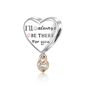 Two-tone silver and rose gold heart charm with engraving and pink cubic zirconia