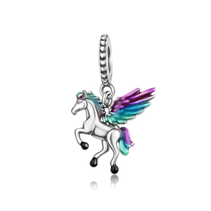 Detailed macro of S925 sterling silver Pegasus pendant with colorful enamel wings