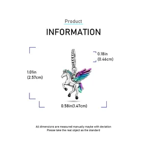 Size guide for Pegasus pendant in S925 silver with rainbow enamel wings dimensions