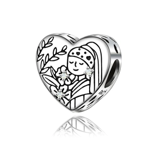 S925 sterling silver heart charm with girl illustration and sparkling cubic zirconia