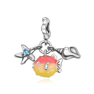 Silver marine charm pendant with blue starfish, enamel puffer fish, and conch on white background