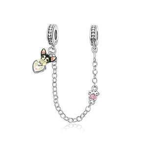 S925 Sterling Silber Sicherheitskette mit Hundeanhänger und pinkfarbenem Zirkonia-Stein