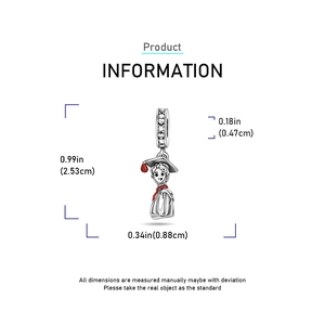 Detailed size specifications of silver graduation charm with dimensions in inches and cm