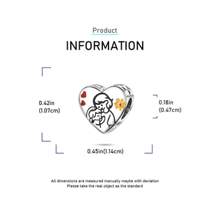 Silver heart charm with mother and child illustration and precise dimensions 0.42x0.45in