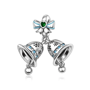 Exquisite 925 sterling silver Christmas bell charm with blue enamel bow and green gemstone