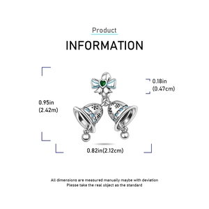 Detail showing dimensions of silver Christmas charm with blue bow and green heart gemstone