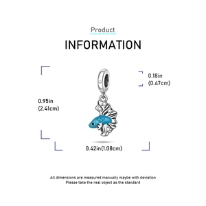 Detailed view of blue enamel fish pendant with S925 sterling silver hallmark and crystal fins