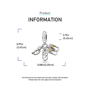 Detail view of S925 silver charm with balloon duck, pouch, and heart flip-flops pendants