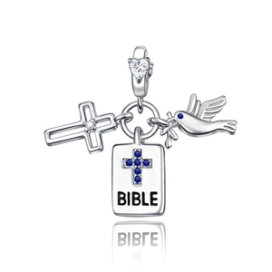 Silver Bible pendant with cross and dove of peace charms and blue crystal accents