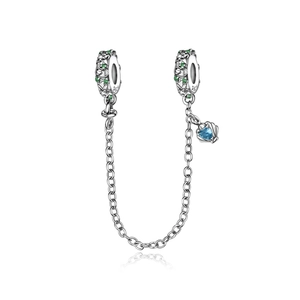 S925 Silber Sicherheitskette für Armbänder mit grünen Zirkonringen und Herzanhänger