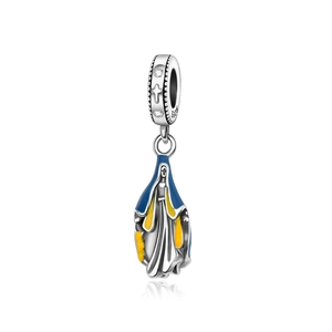 Detailed close-up of S925 silver charm with cross relief and colorful enamel saint pendant