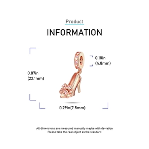 Detailed size chart of rose gold high heel charm with pink stones and bow, 22.1mm high