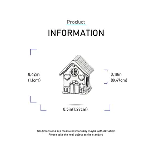 Size chart for house-shaped silver charm with detailed measurements and heart pattern