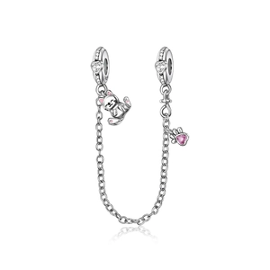 Detail der S925 Silber-Sicherheitskette mit Herzsteinen und Katzenanhänger für Armbänder