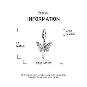 Detailed size specifications for the silver butterfly key charm with pink zirconia