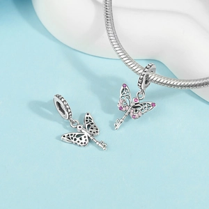 S925 silver butterfly key charms with colorful zircons on a snake chain bracelet