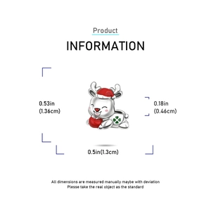 Detailed dimensions of silver reindeer charm with red hat and green clover for DIY bracelets