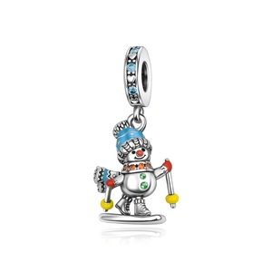Exquisite silver skiing snowman charm with colorful enamel and sparkling zircon stones