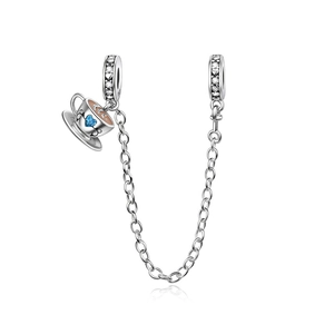 S925 Silber Sicherheitskette mit Kaffeetassen-Anhänger und blauen Zirkonia-Details