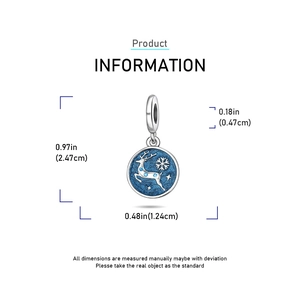 Detailed dimension chart for reindeer charm with blue enamel and silver plating