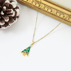Golden Christmas tree necklace with green enamel and multi-color crystal pendant for women