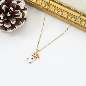 Detail of Christmas stocking pendant with colorful crystals and white enamel on gold chain