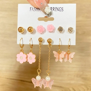 6-Paar-Set süße Schmetterlings-Ohrhänger und Ohrstecker in Rosa- und Goldtönen